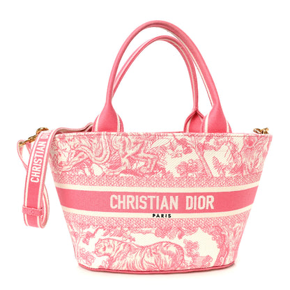 Christian Dior Canvas Embroidered Dioriviera Toile De Jouy Panier Chapeau Tote Peony Pink 1 of 14