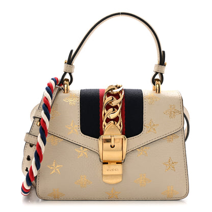 Gucci Textured Calfskin Bee Star Print Mini Sylvie Top Handle Bag Mystic White 1 of 16