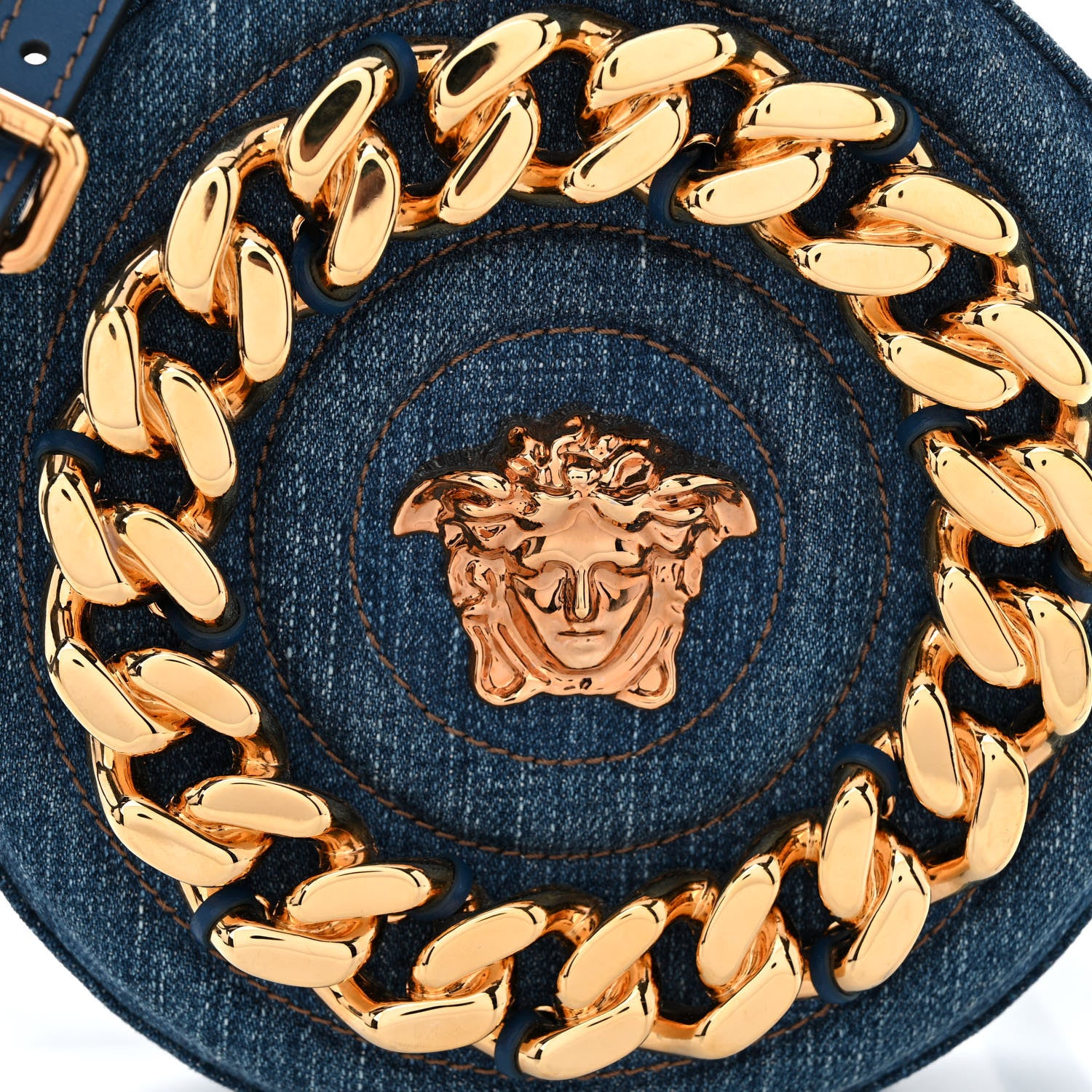 Versace Denim Mini La Medusa Chain Round Crossbody Bag Navy Blue 7 of 9
