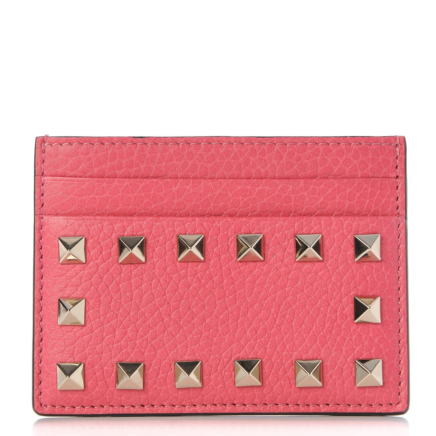 Pebbled Calfskin Rockstud Card Holder Shadow Pink