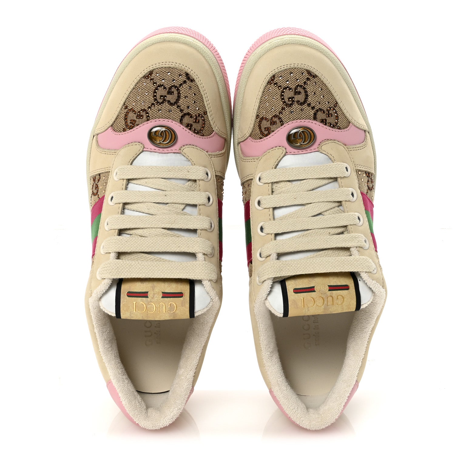 Gucci Calfskin GG Supreme Crystals Web Screener Sneakers 38 Beige Ebony Wild Rose 2 of 9
