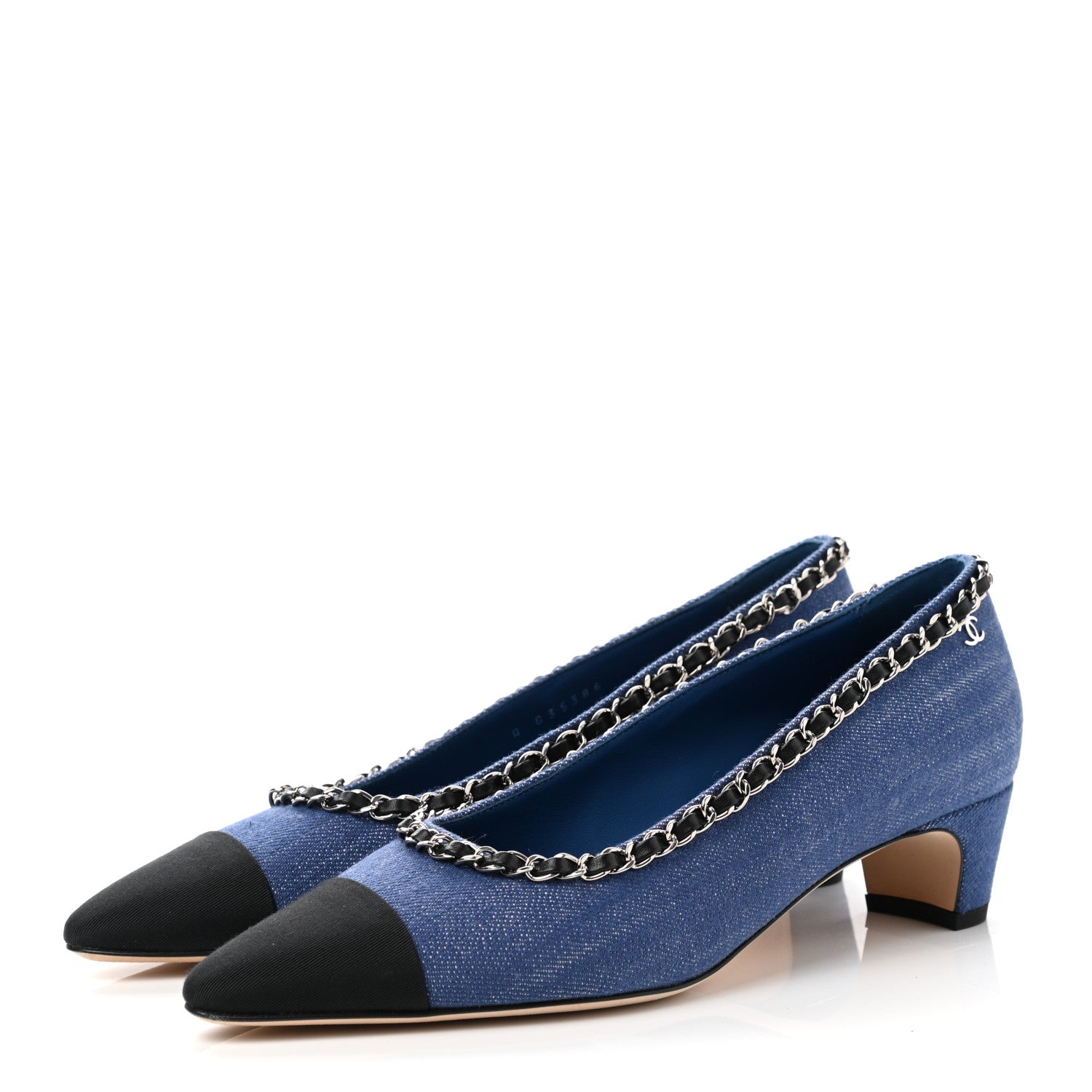 Chanel Denim Grosgrain Chain Cap Toe Pumps 38 Blue Black 3 of 10