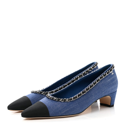 Chanel Denim Grosgrain Chain Cap Toe Pumps 38 Blue Black 3 of 10