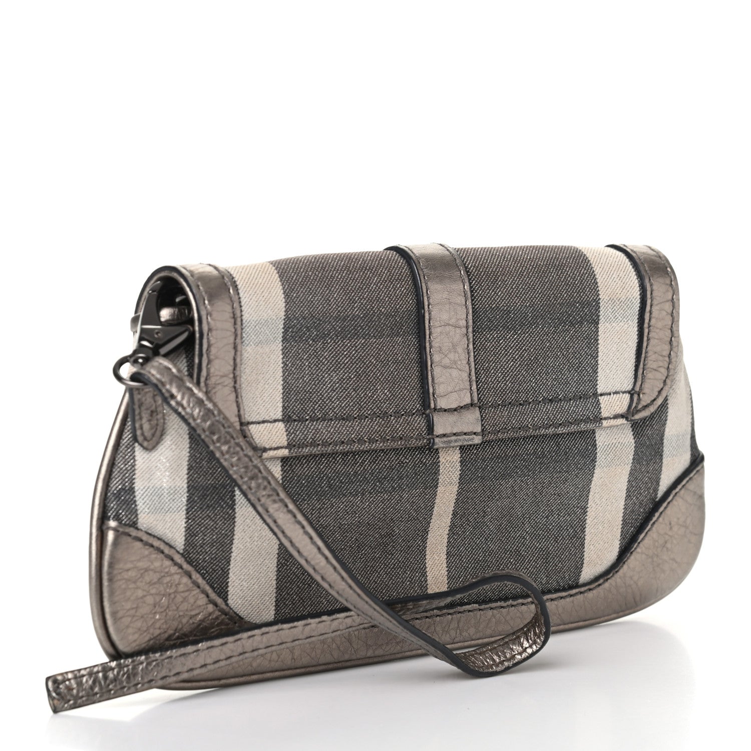Burberry Metallic Calfskin Smoked Check Wristlet Pouch Pewter 3 of 9