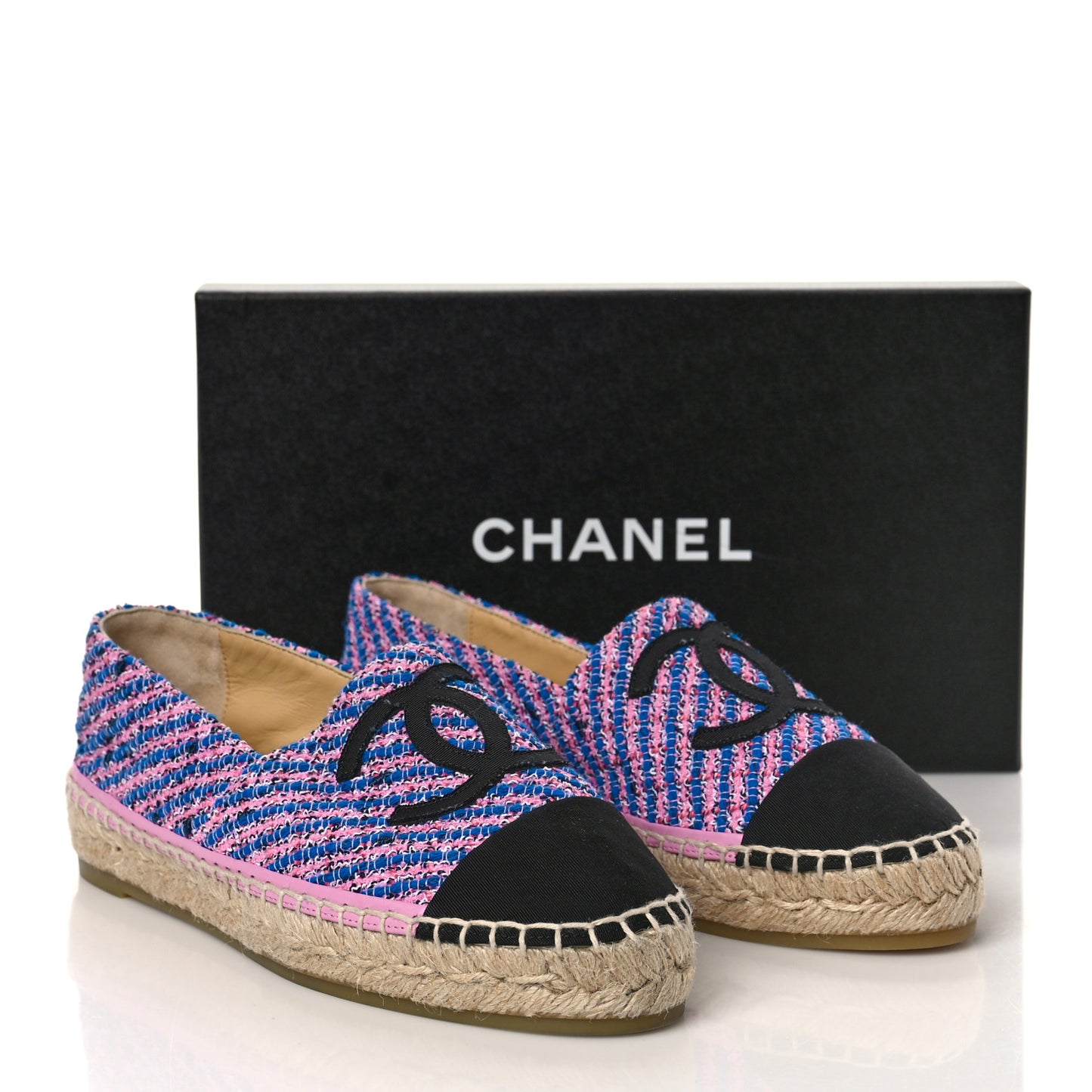 Tweed Grosgrain CC Espadrilles 38 Pink Black
