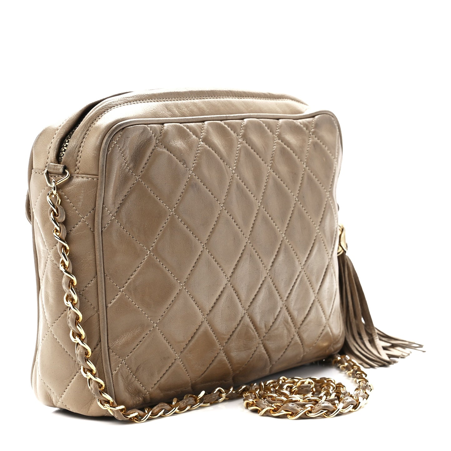 Lambskin Quilted Tassel Camera Case Beige