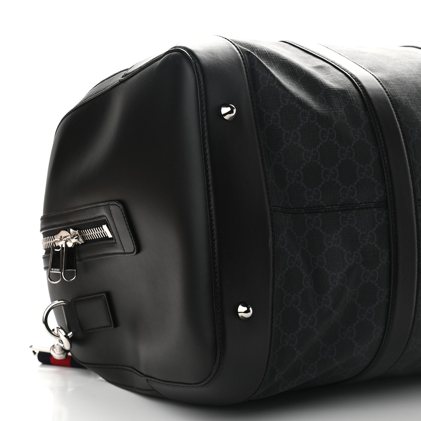 Soft GG Supreme Monogram Appia Calfskin Web Large Carry On Duffle Bag Black Grey