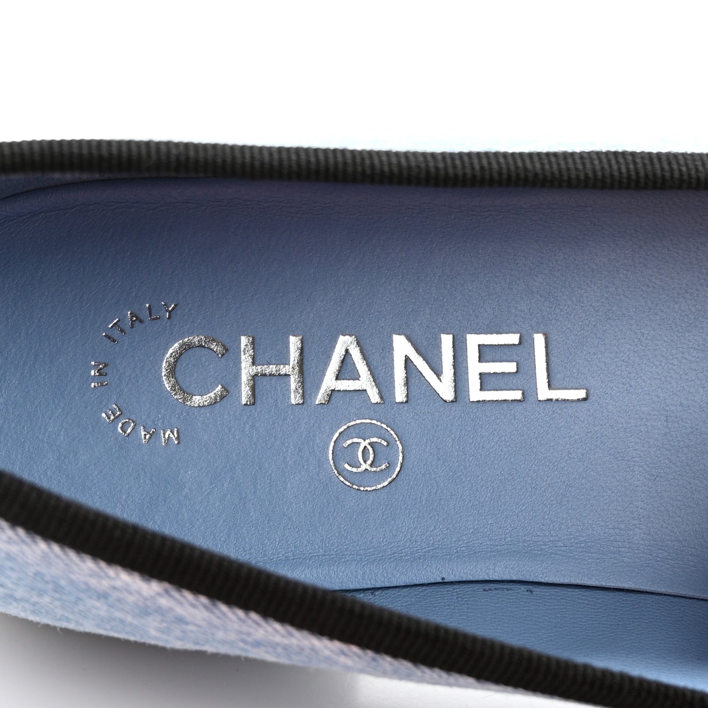 Denim Printed Quilt CC Cap Toe Ballerina Flats 37.5 Light Blue Dark Grey