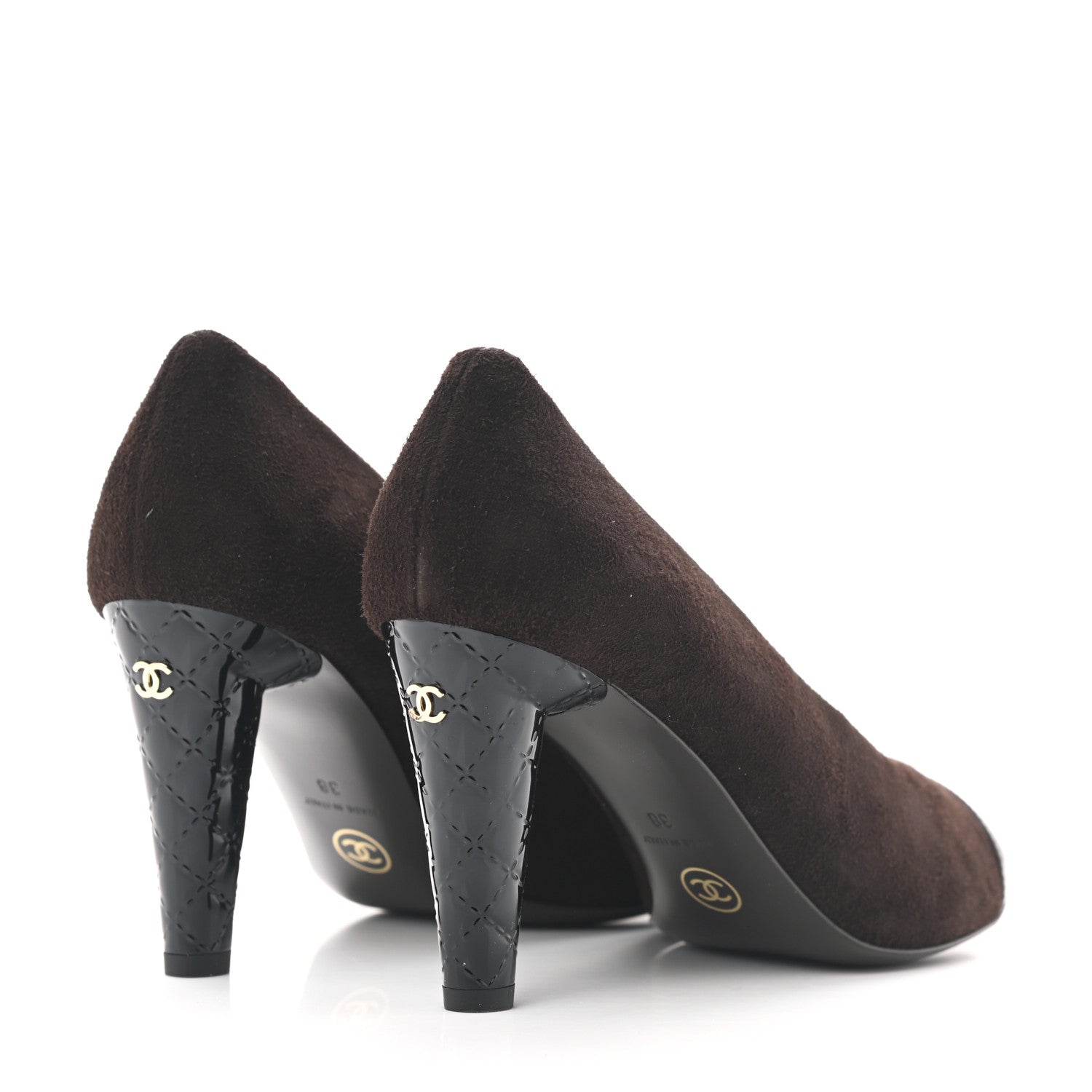 Chanel Kid Suede Patent Calfskin Cap Toe CC Pumps 38 Brown Black 4 of 8