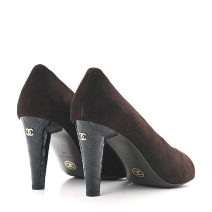 Chanel Kid Suede Patent Calfskin Cap Toe CC Pumps 38 Brown Black 4 of 8