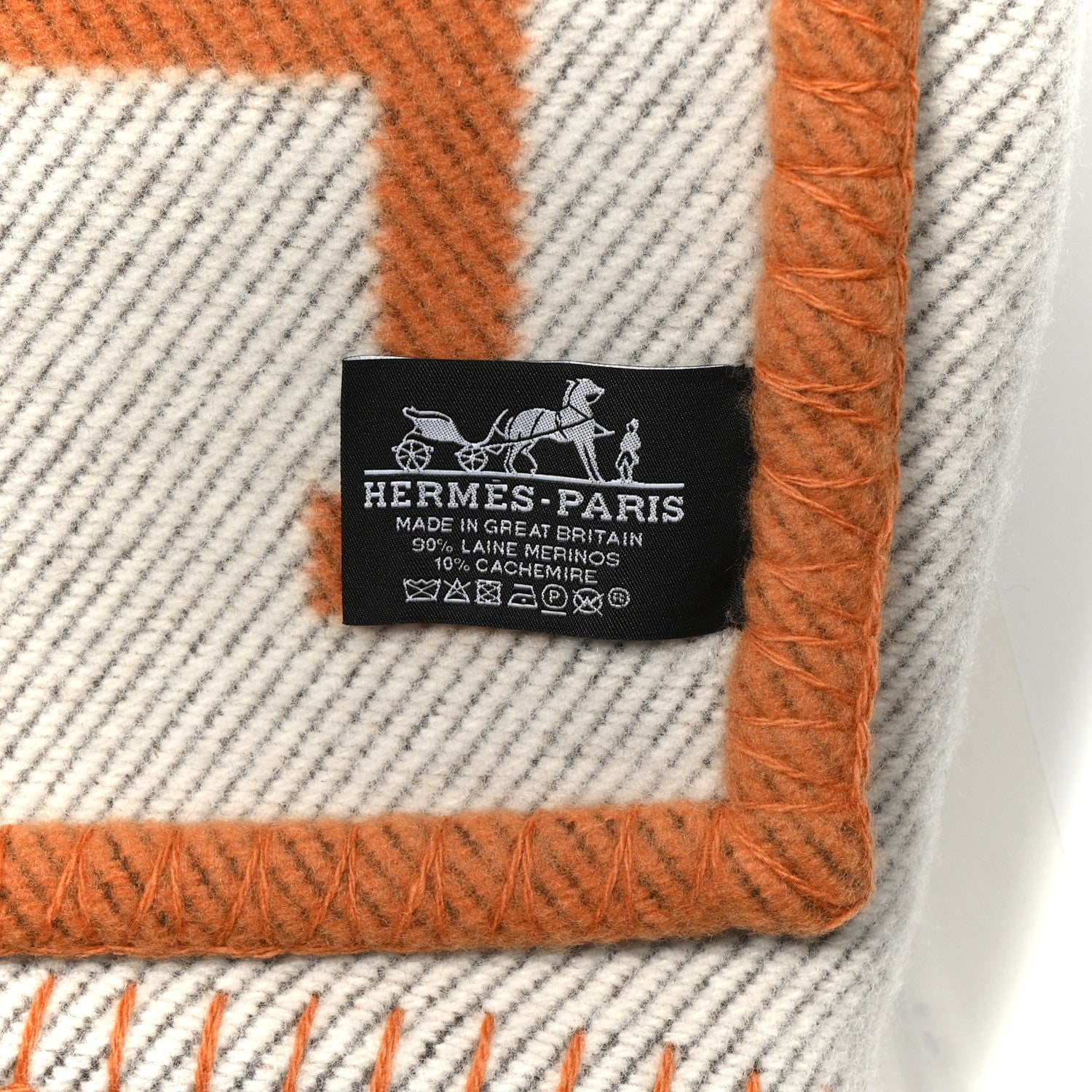 Hermes Wool Cashmere Signature Classic Avalon Blanket Ecru Potiron 3 of 3