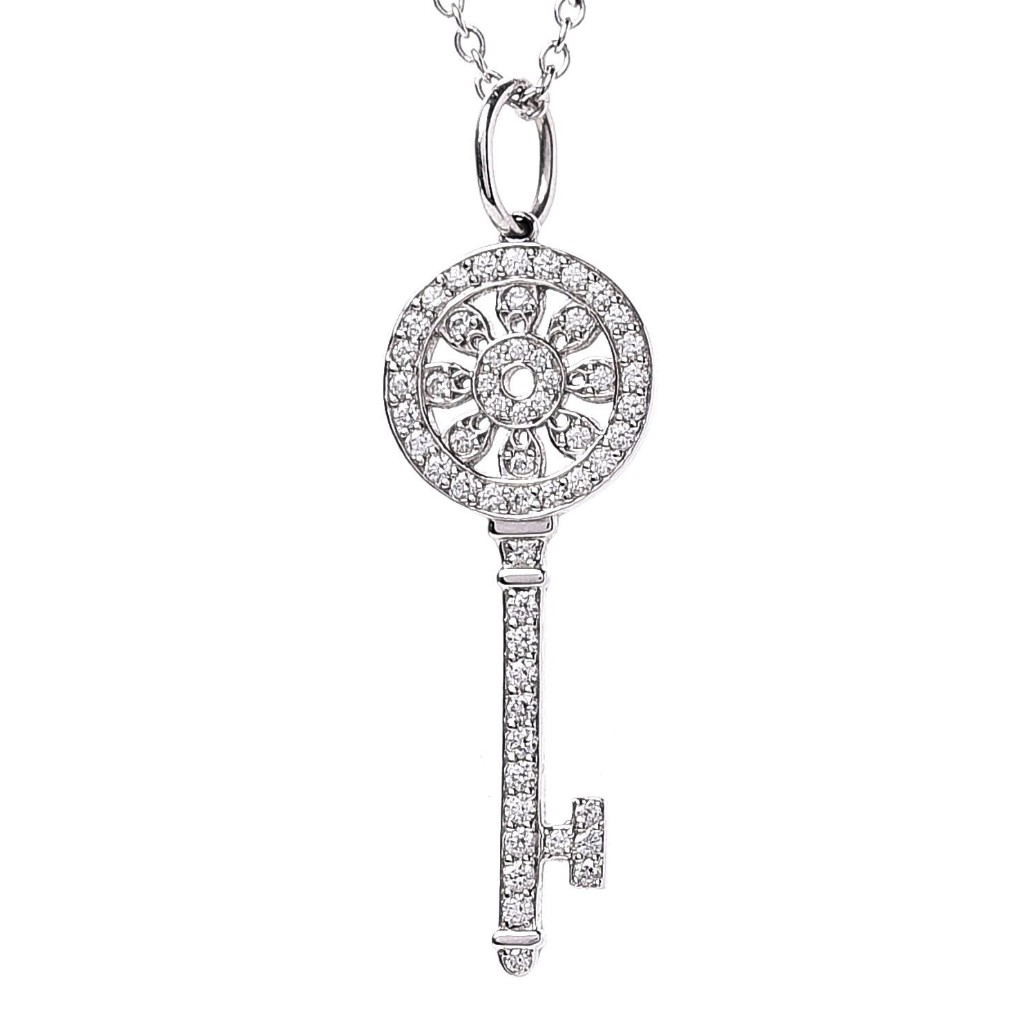 Tiffany Platinum 18K White Gold Diamond Mini Petals Key Pendant Necklace 5 of 8
