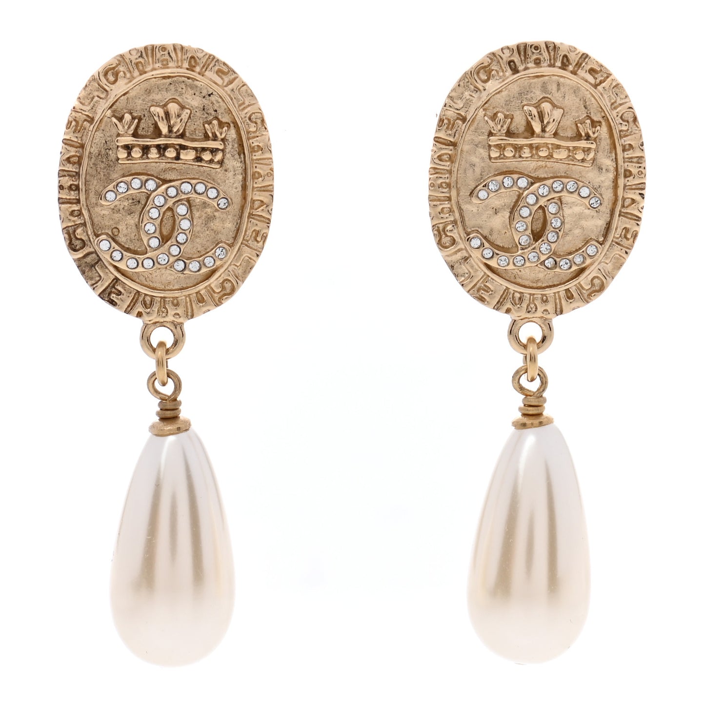 Crystal Pearl Crown CC Drop Earrings Gold