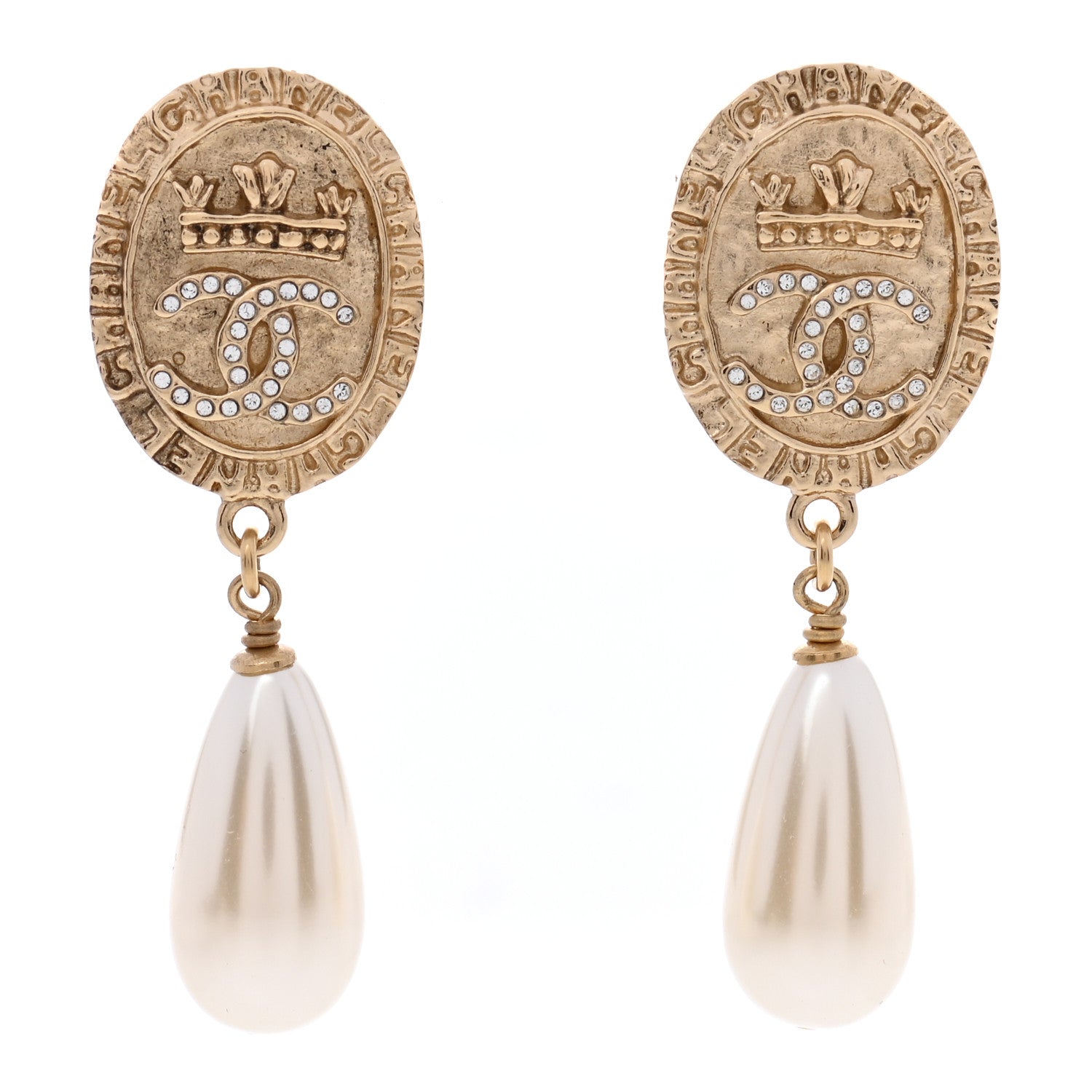 Chanel Crystal Pearl Crown CC Drop Earrings Gold 1 of 5