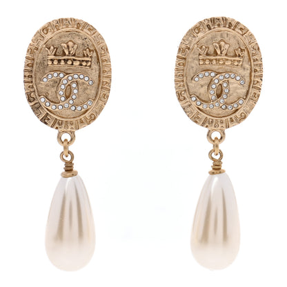 Chanel Crystal Pearl Crown CC Drop Earrings Gold 1 of 5