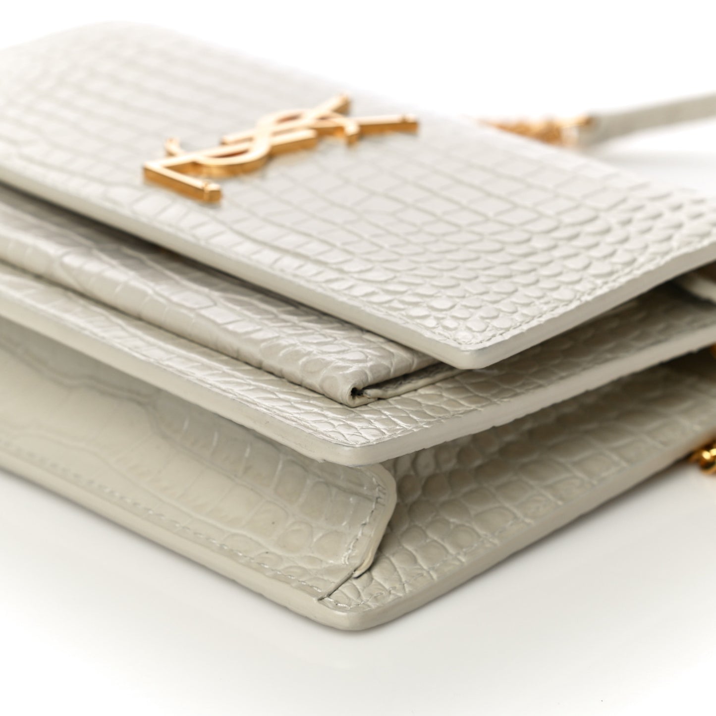 Calfskin Crocodile Embossed Monogram Sunset Chain Wallet Blanc Vintage