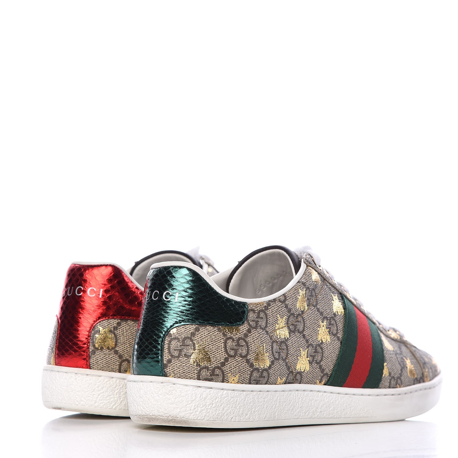 Gucci GG Supreme Monogram Bees Ayers Web Womens Ace Sneakers 38 Beige Oro Green Red 4 of 13