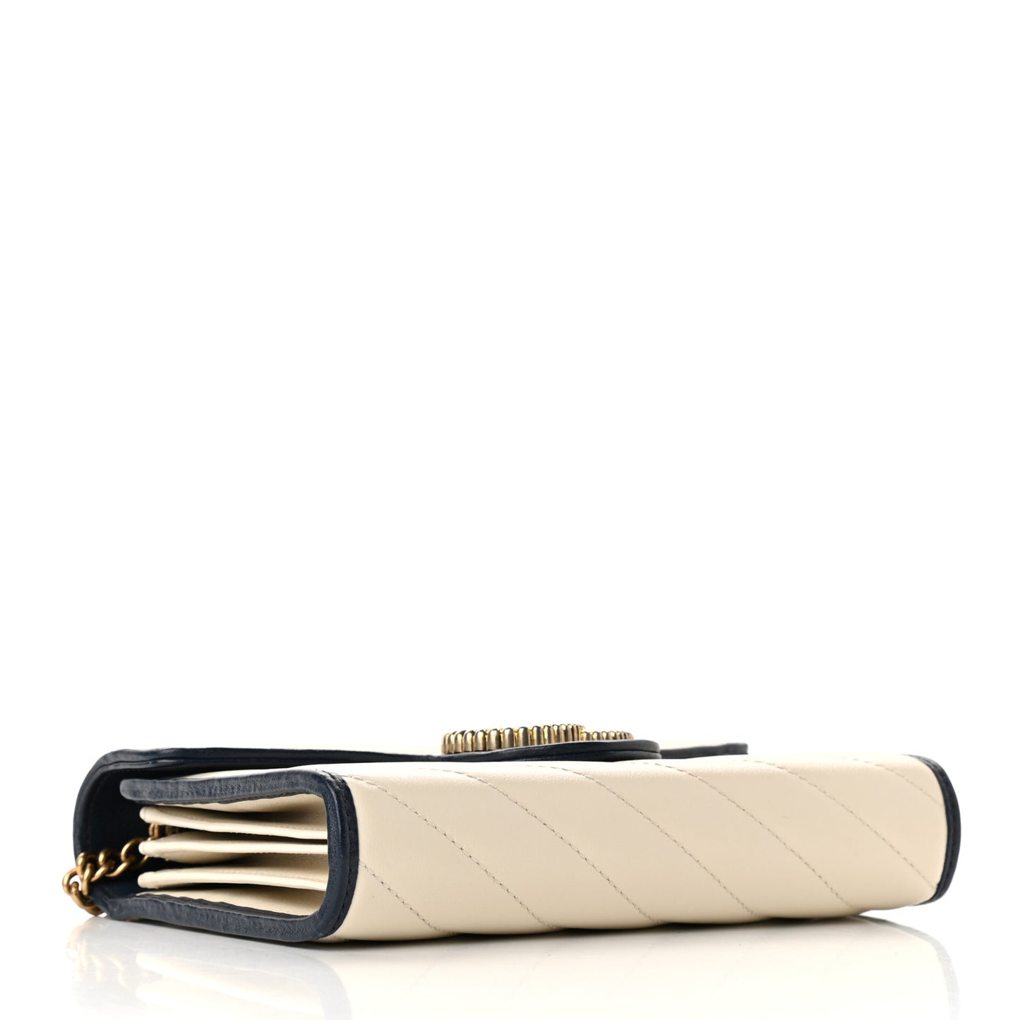 Vintage Effect Calfskin Matelasse Diagonal Torchon GG Marmont Chain Wallet Mystic White Blue Agata