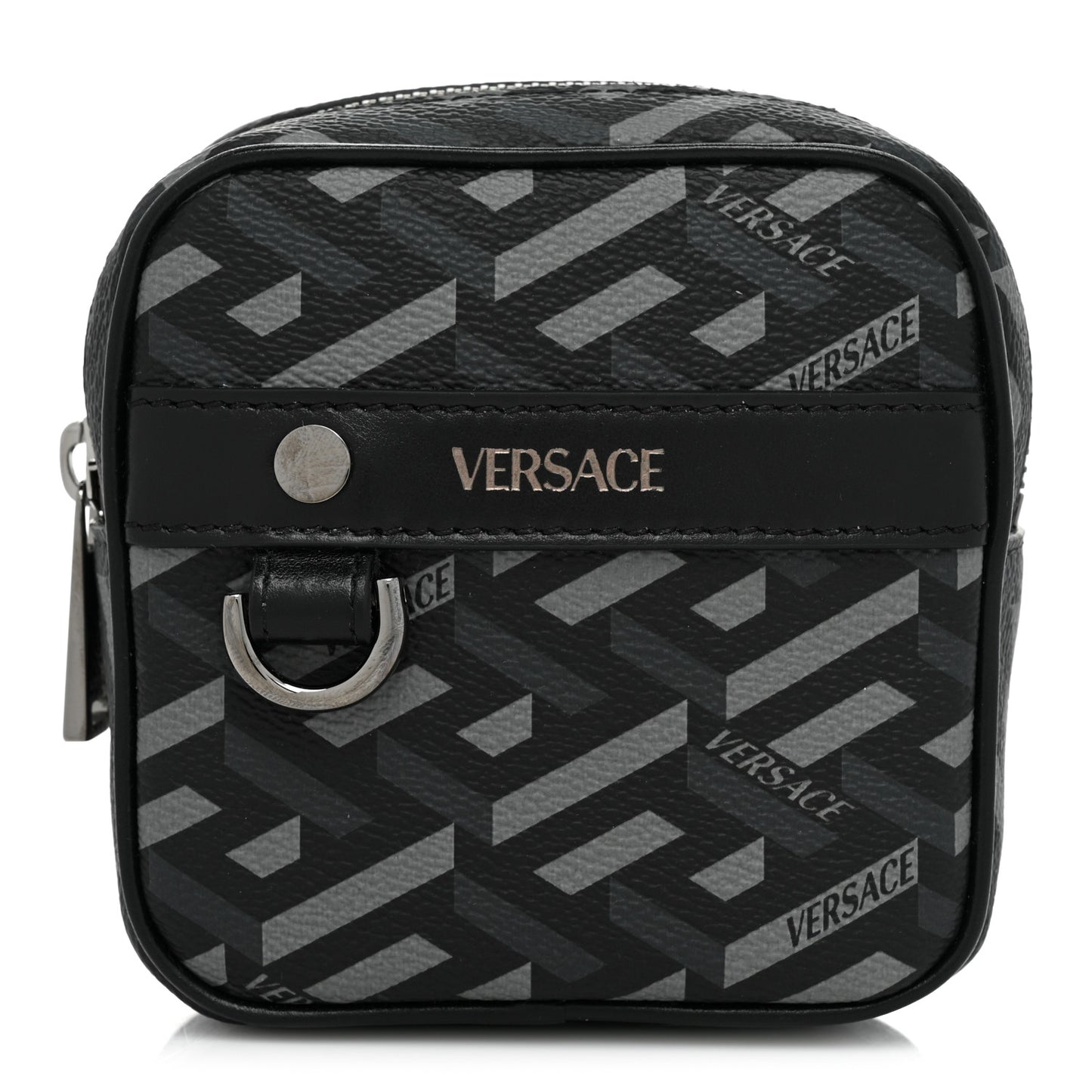 Coated Canvas Calfskin La Greca Square Zip Pouch Black Gray