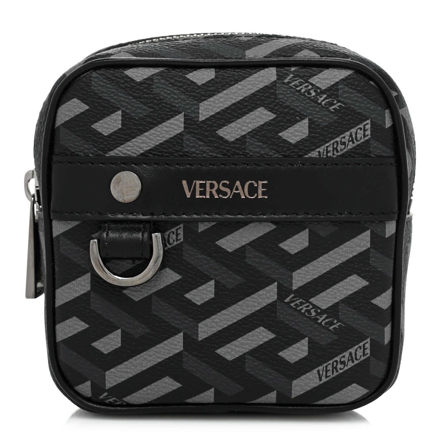 Versace Coated Canvas Calfskin La Greca Square Zip Pouch Black Gray 1 of 8