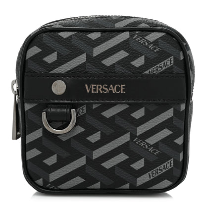Versace Coated Canvas Calfskin La Greca Square Zip Pouch Black Gray 1 of 8