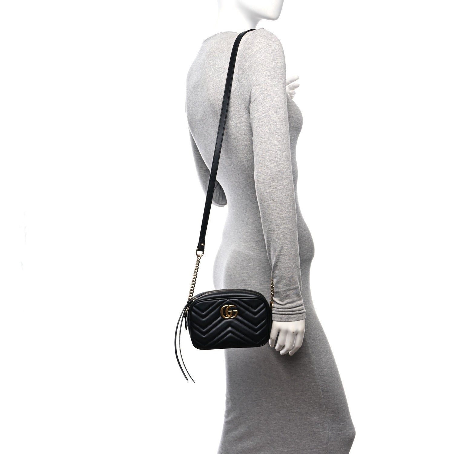 Gucci Calfskin Matelasse Mini GG Marmont Chain Shoulder Bag Black 2 of 15