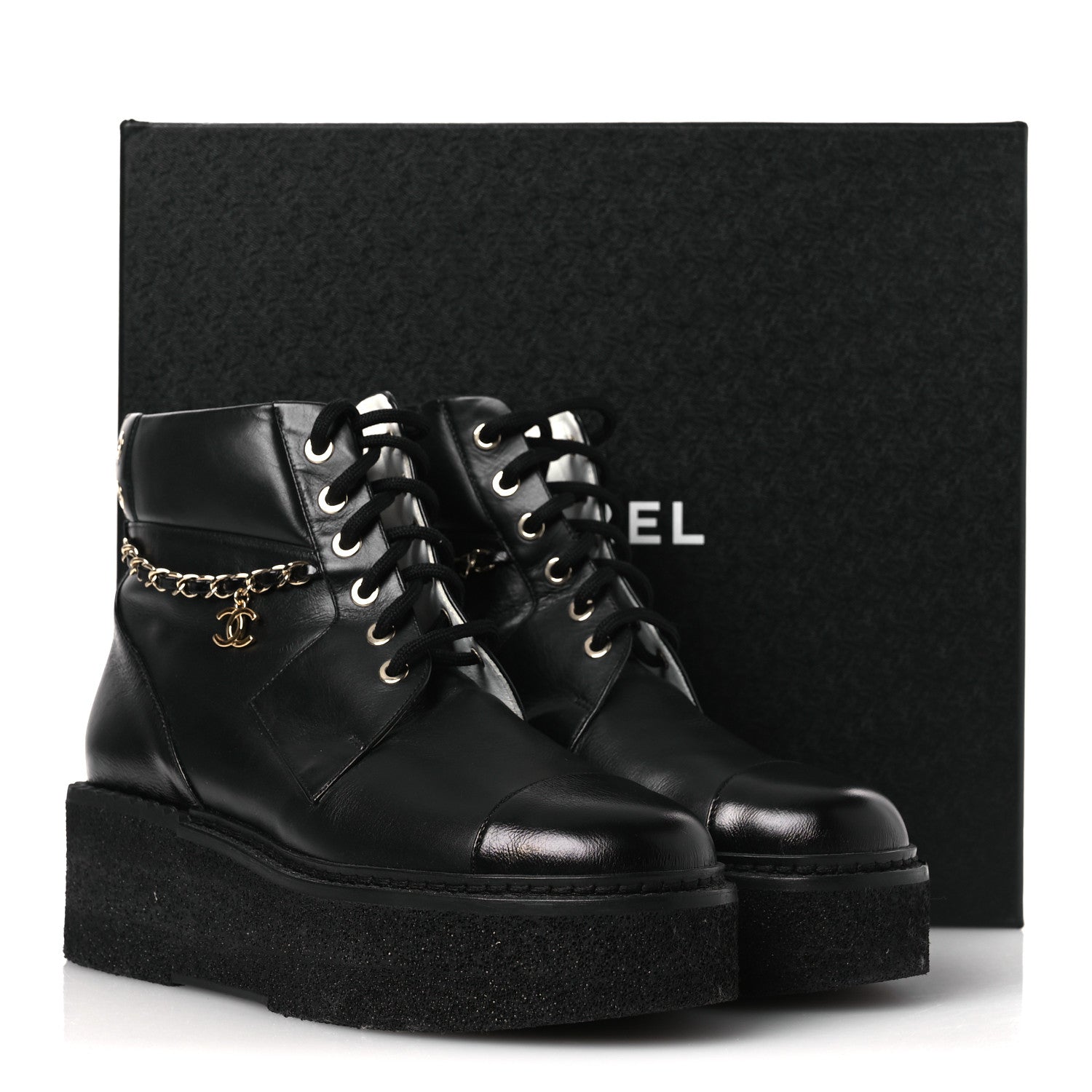 Chanel Calfskin Shiny Calfskin Chain Lace Up CC Short Boots 38.5