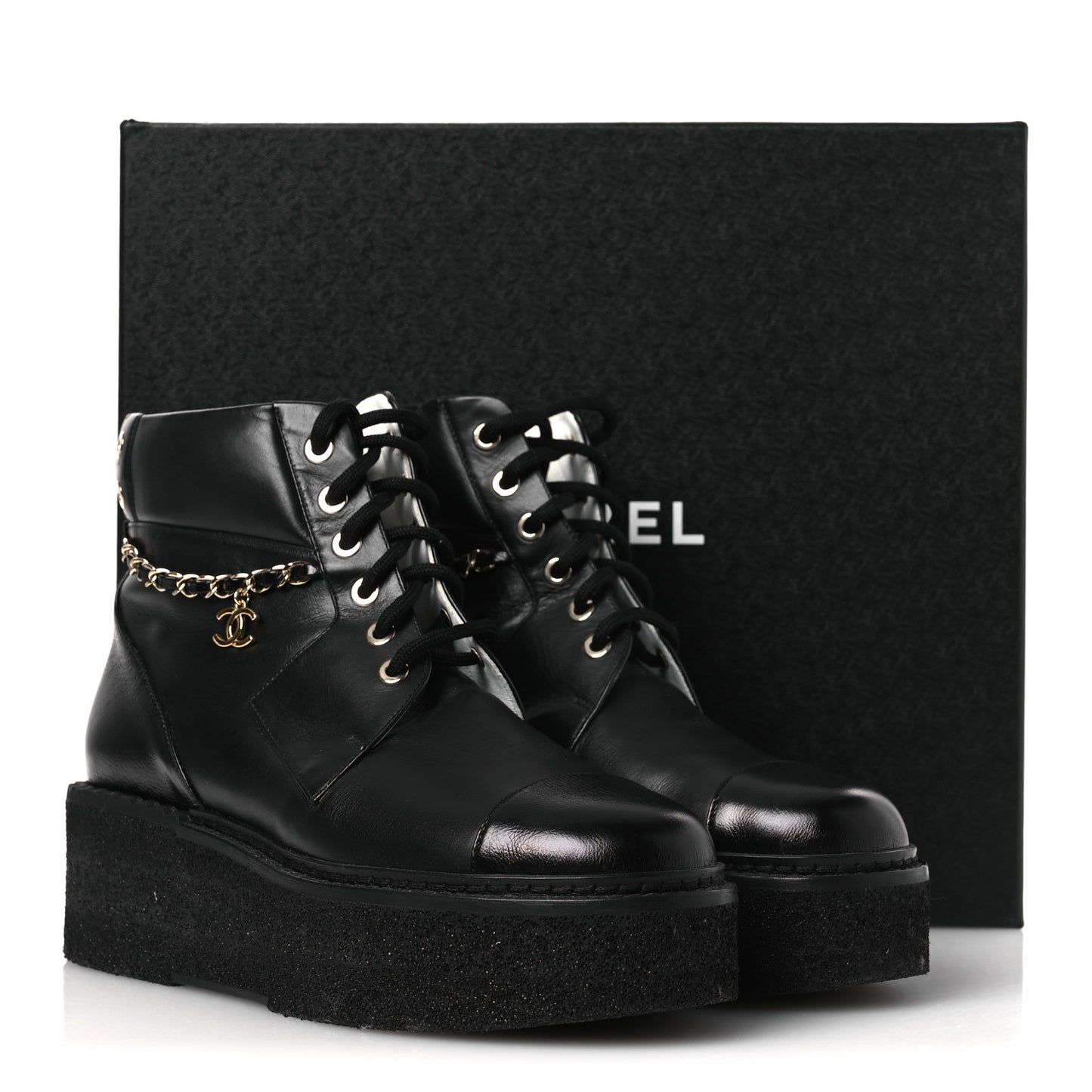 Calfskin Shiny Calfskin Chain Lace Up CC Short Boots 38.5 Black