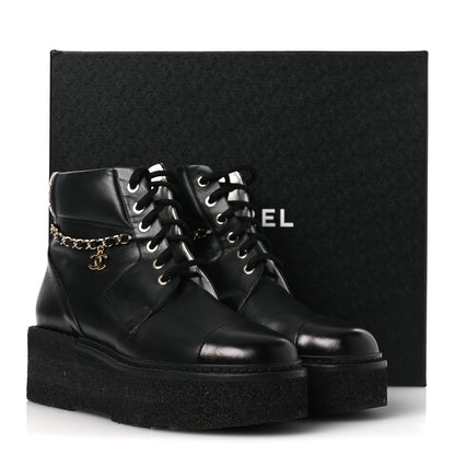Chanel Calfskin Shiny Calfskin Chain Lace Up CC Short Boots 38.5 Black 11 of 11