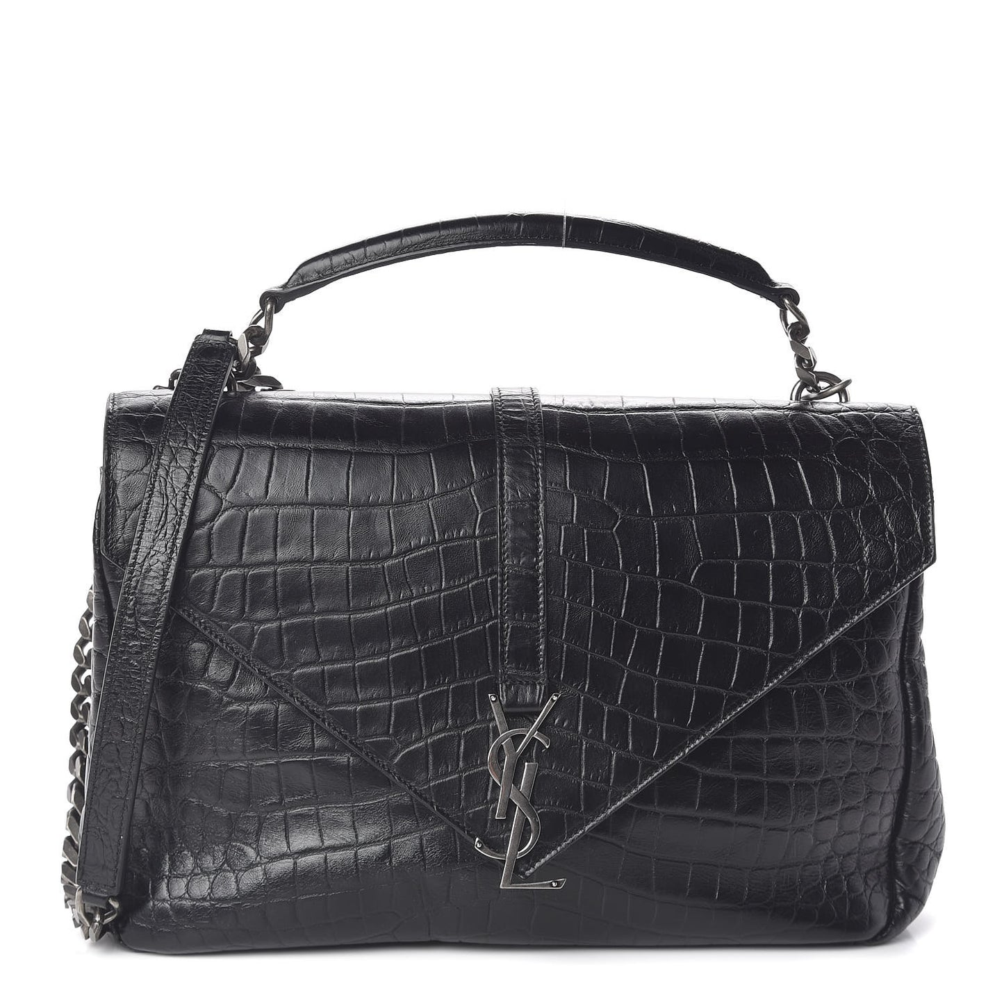 Calfskin Crocodile Embossed Monogram Large College Satchel Black