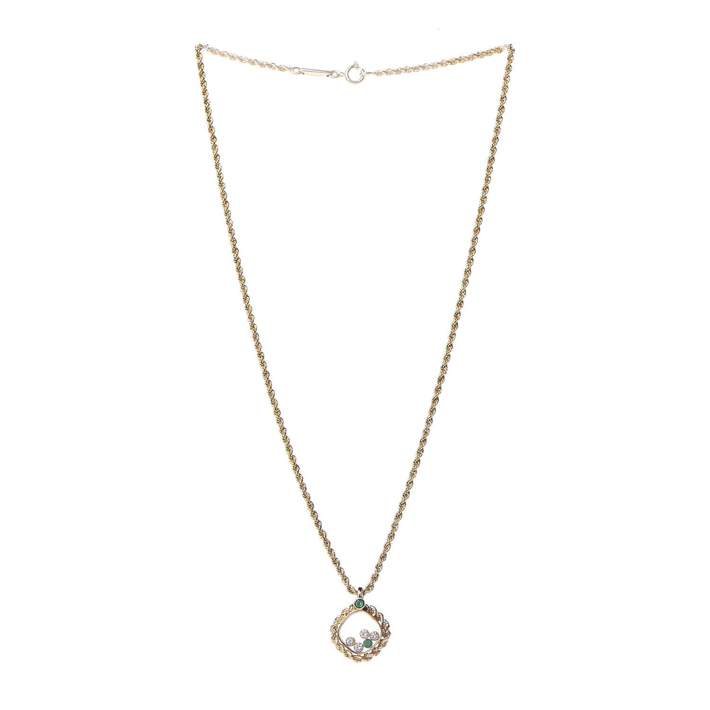 18K Yellow Gold Diamond Emerald Happy Diamonds Pendant Necklace