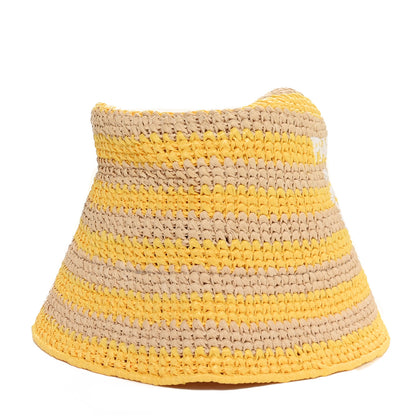 Prada Raffia Striped Logo Embroidered Womens Bucket Hat M Naturale Giallo 5 of 8