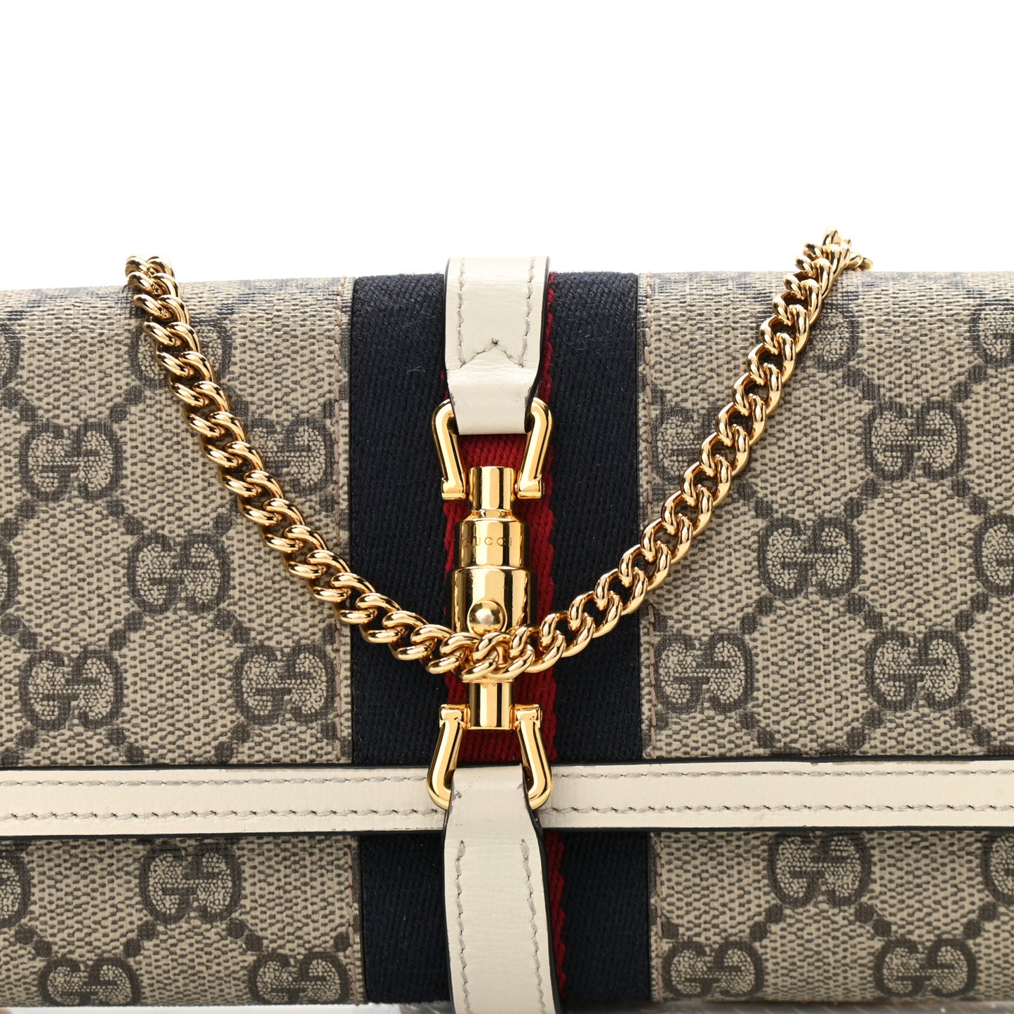 GG Supreme Monogram Textured Calfskin Web Jackie 1961 Chain Wallet Beige Ebony Mystic White
