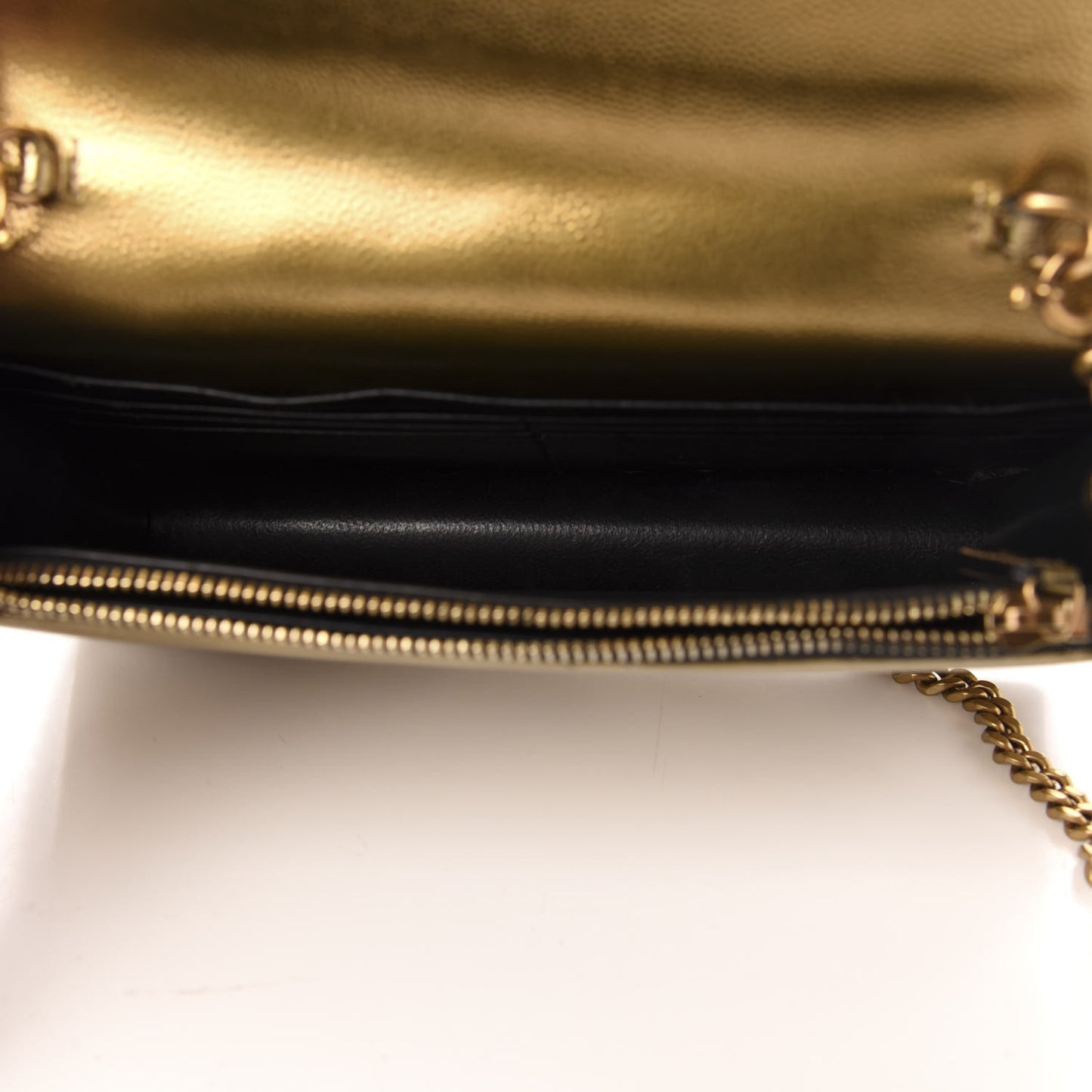 Metallic Calfskin Matelasse Chevron Monogram Envelope Chain Wallet Antic Gold