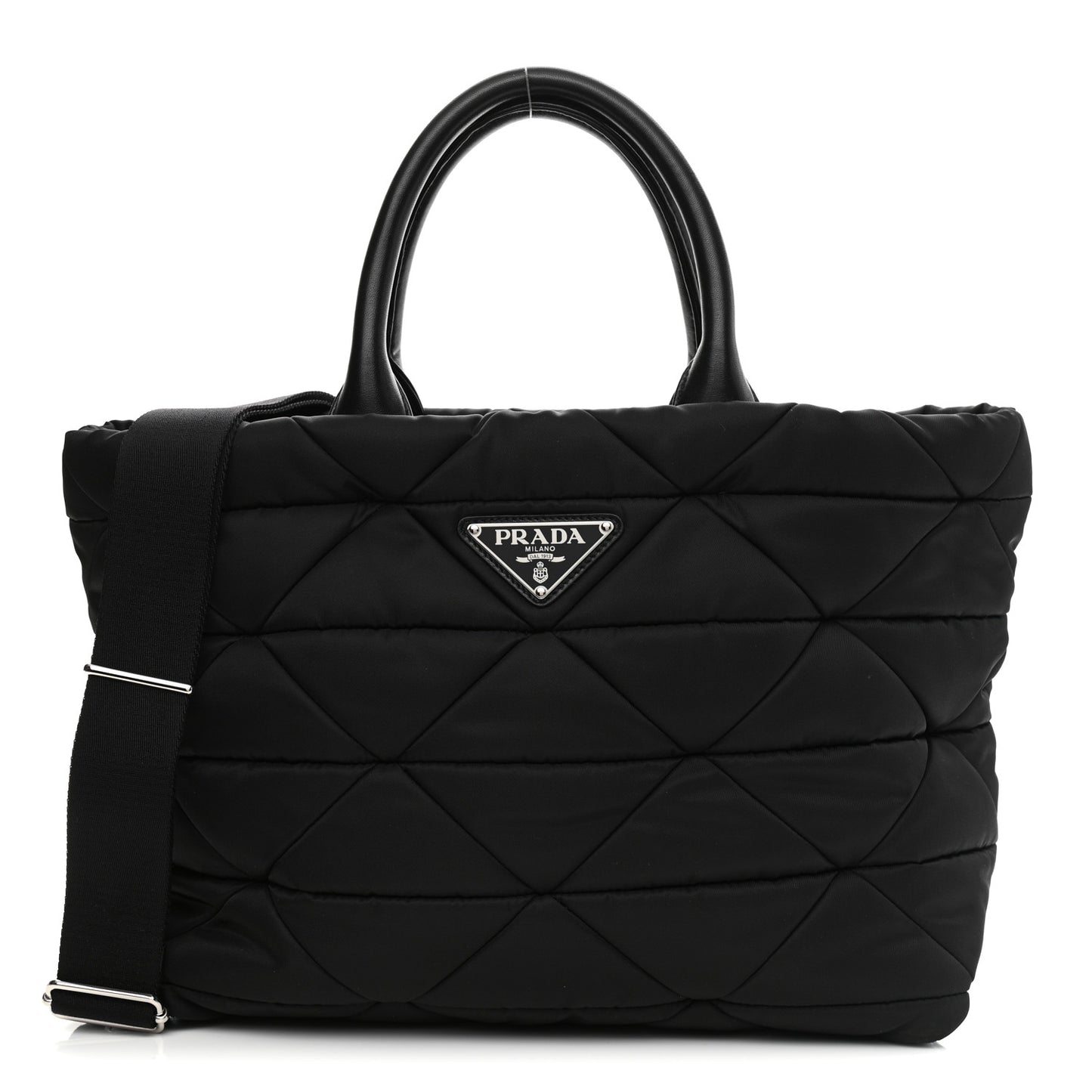 Re-Nylon Nappa Triangle Quilted Padded Small Double Handled Zip Tote Black