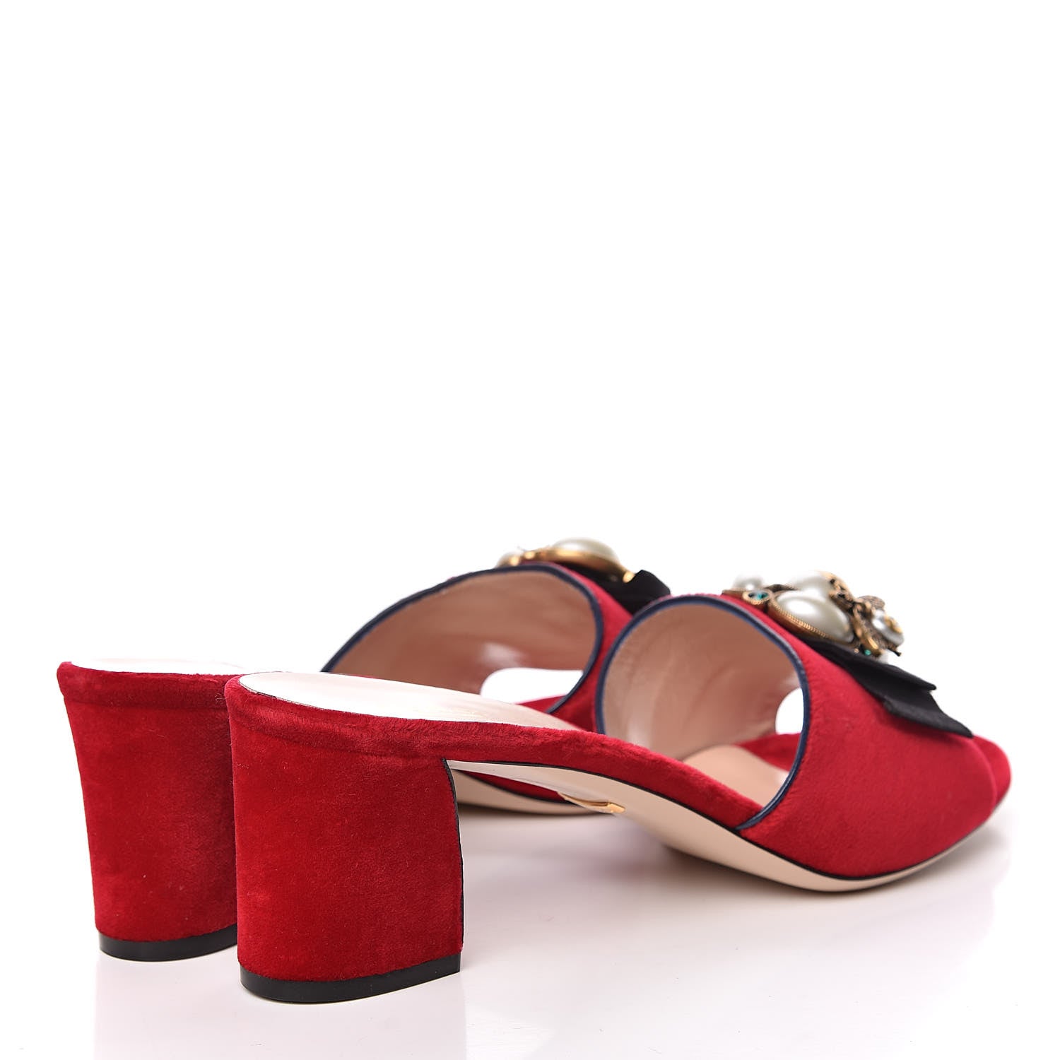 Gucci Velvet Pearl Embellished Slide Sandals 40.5 Hibiscus Red 4 of 9