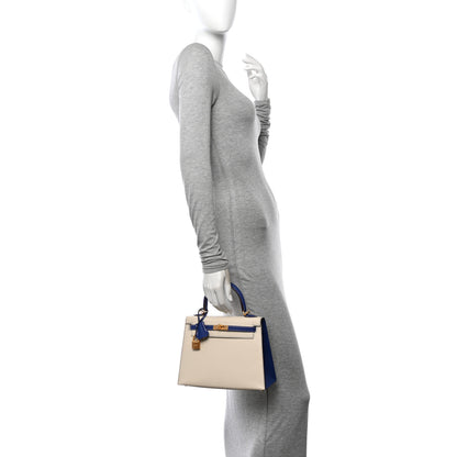 Hermes Epsom Bi-Color Horseshoe Kelly Sellier 25 Craie Bleu Electrique 2 of 13