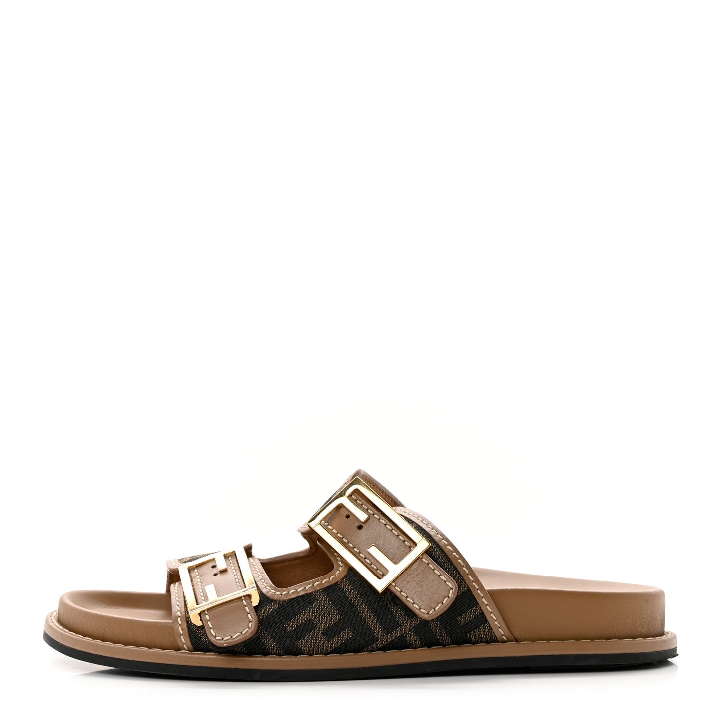 Fabric Jacquard Nappa FF Womens Fendi Feel Buckled Slide Sandals 40 Tobacco Black Miele Scuro