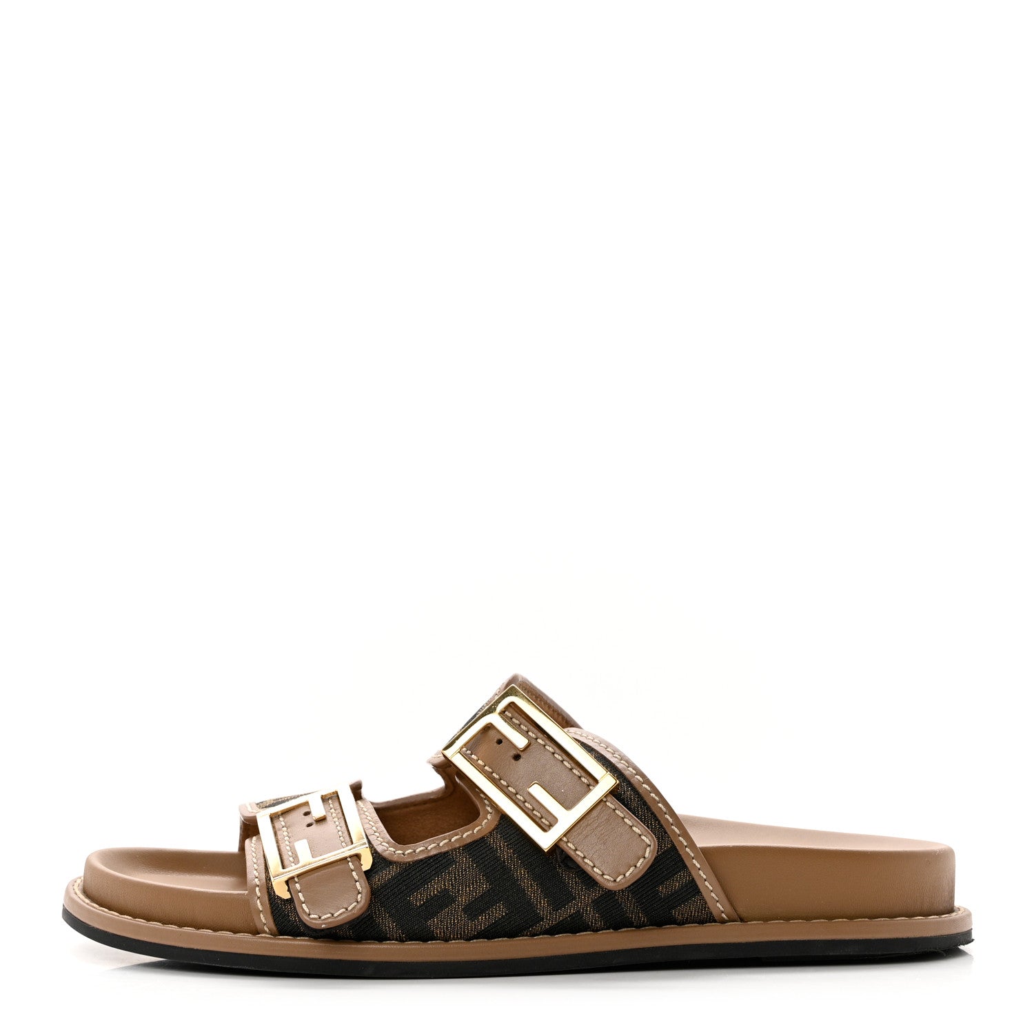 Fendi Fabric Jacquard Nappa FF Womens Fendi Feel Buckled Slide Sandals 40 Tobacco Black Miele Scuro 1 of 9
