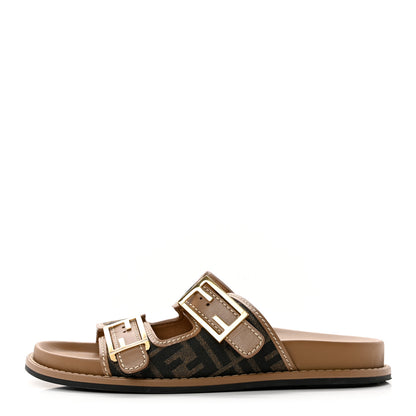 Fendi Fabric Jacquard Nappa FF Womens Fendi Feel Buckled Slide Sandals 40 Tobacco Black Miele Scuro 1 of 9