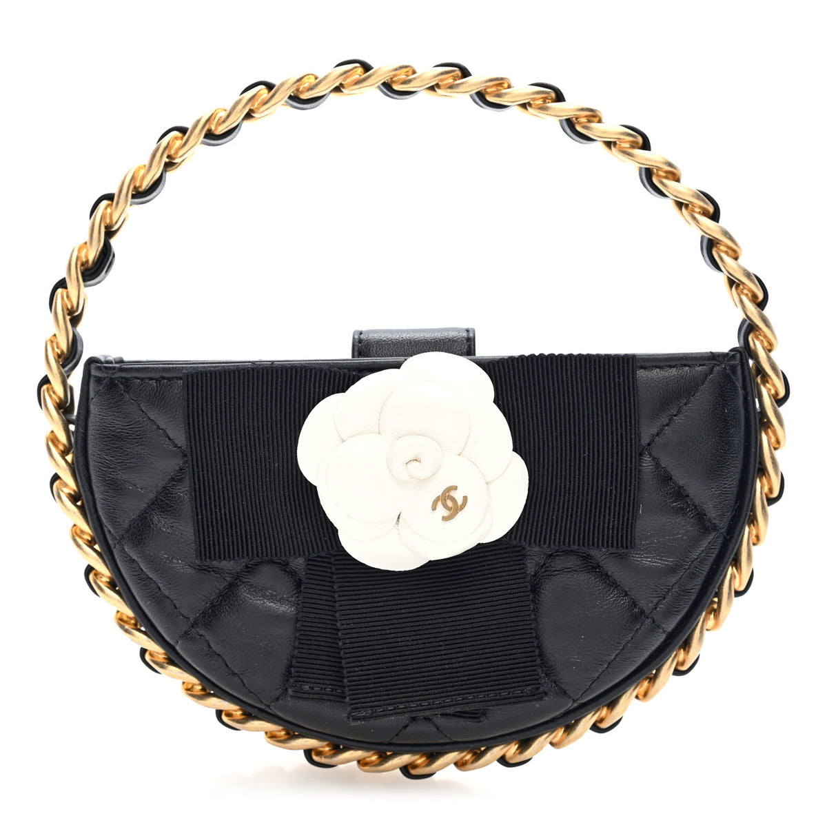 Lambskin Quilted Round Camellia Mini Clutch Black