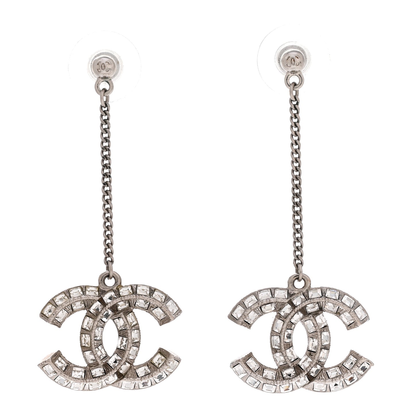 Baguette Crystal CC Drop Earrings Silver