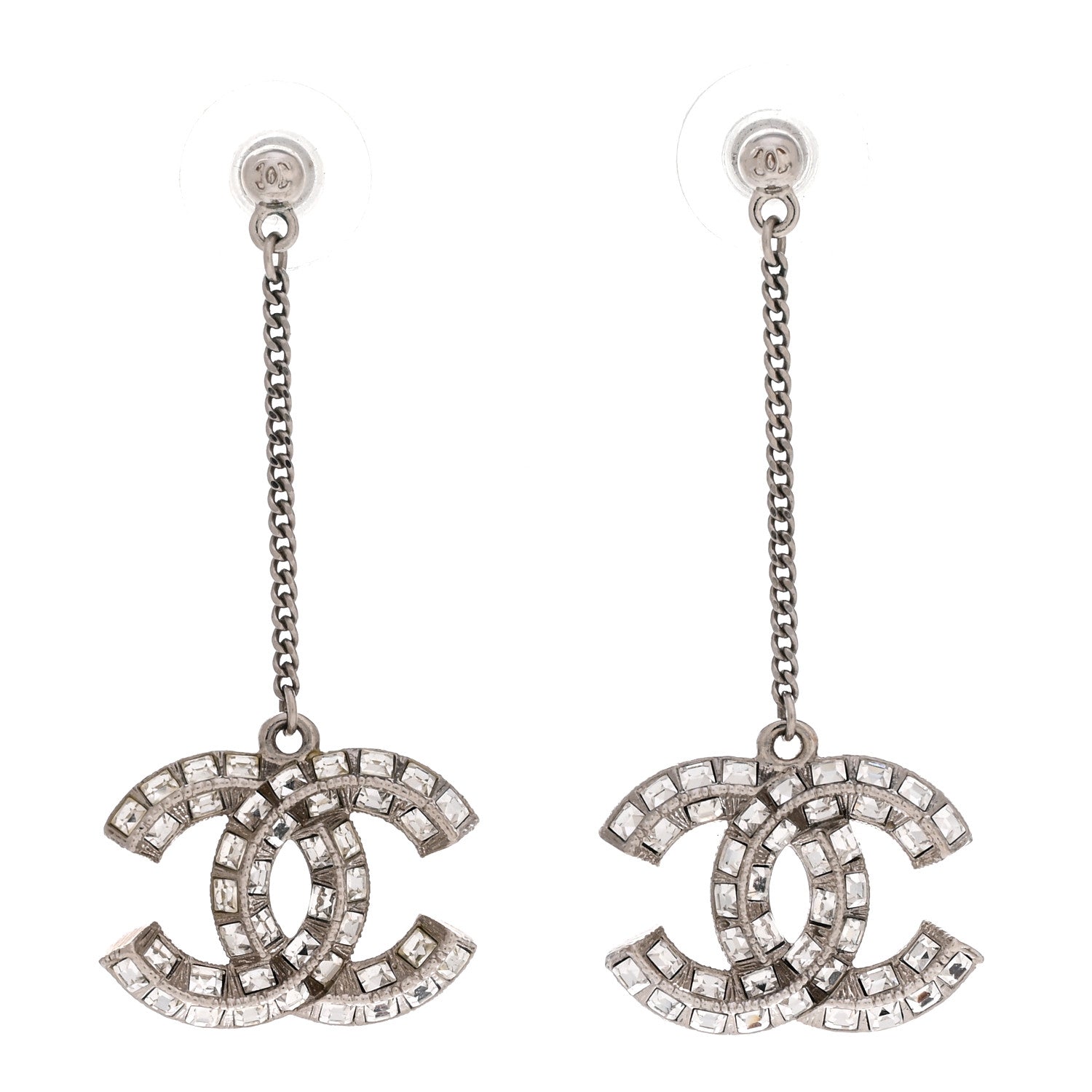 Chanel Baguette Crystal CC Drop Earrings Silver 1 of 3