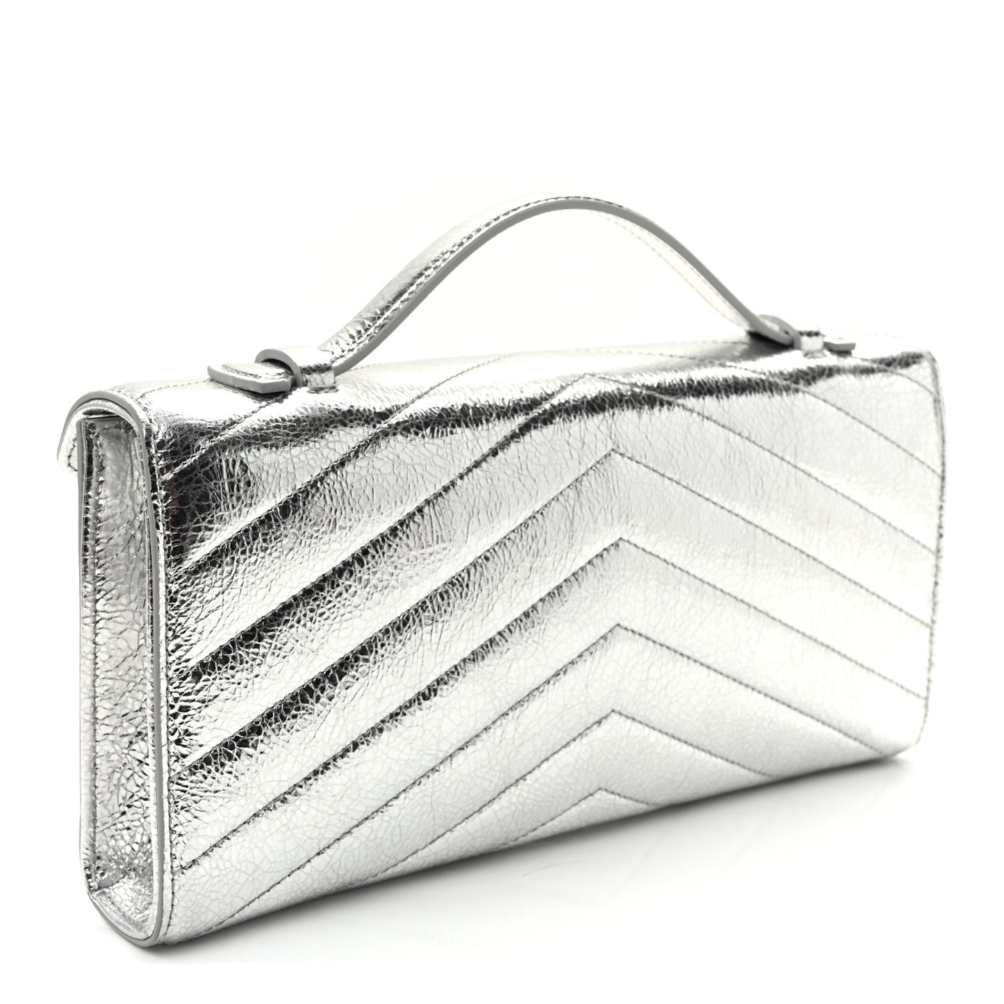 Metallic Aged Calfskin Chevron Quilted Top Handle Envelope Clutch Silver