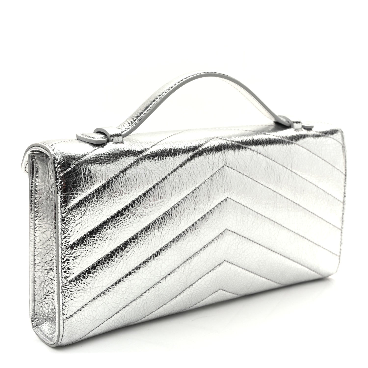 Chanel Metallic Aged Calfskin Chevron Quilted Top Handle Envelope Clutch Silver 3 of 10