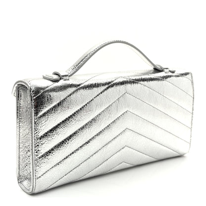 Chanel Metallic Aged Calfskin Chevron Quilted Top Handle Envelope Clutch Silver 3 of 10