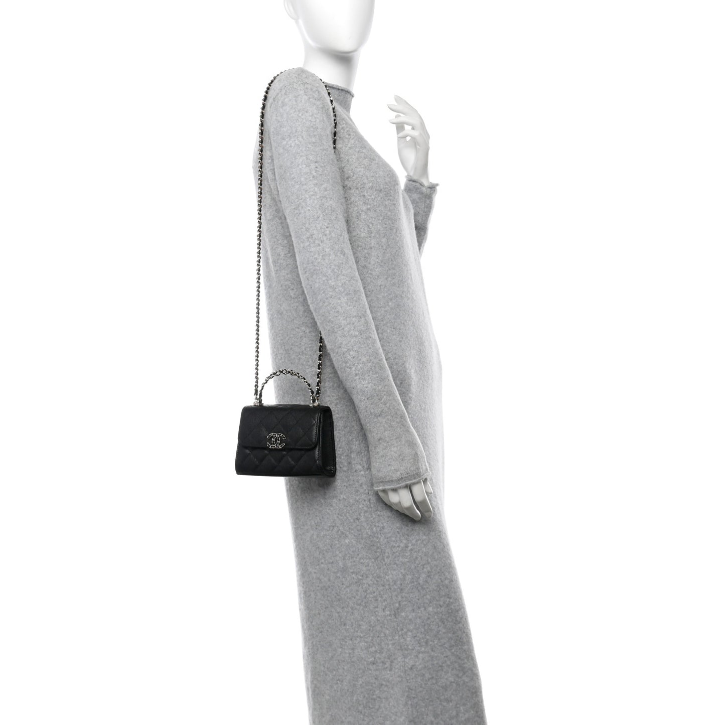 Caviar Quilted Double Chain Top Handle Flap With Chain Black