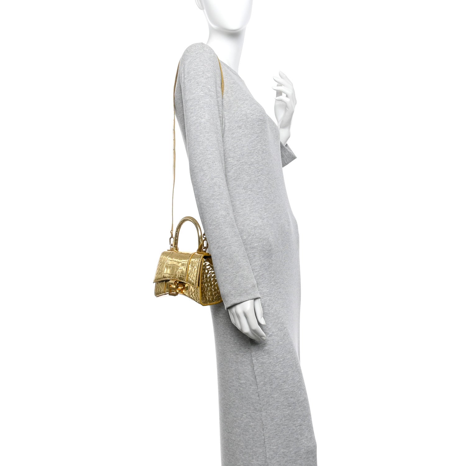 Balenciaga Metallic Calfskin Crocodile Embossed Hourglass Top Handle Bag XS Gold 2 of 13