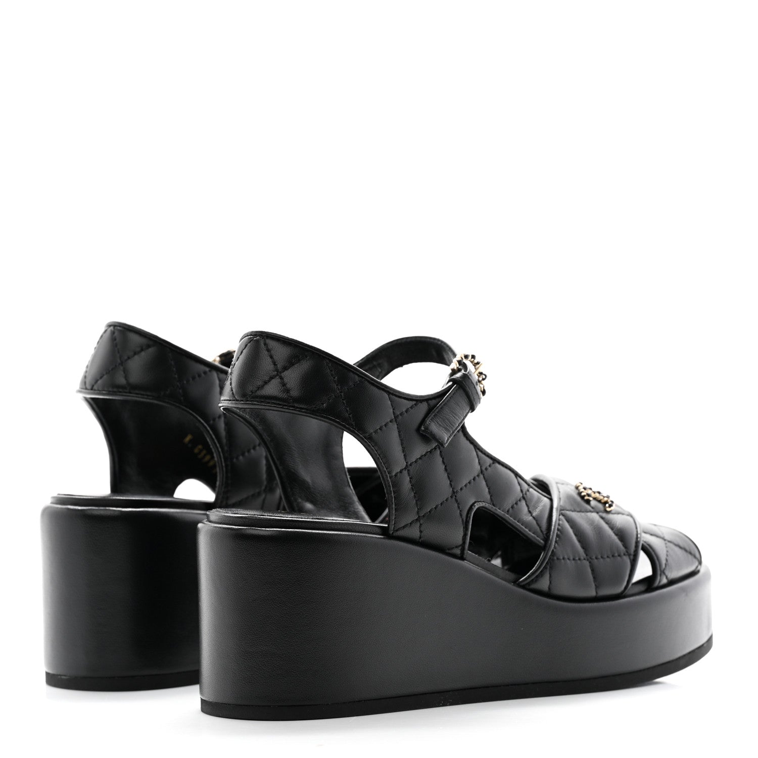 Chanel Lambskin Quilted Peep Toe Wedge Sandals 36.5 Black 4 of 19