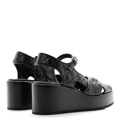 Chanel Lambskin Quilted Peep Toe Wedge Sandals 36.5 Black 4 of 19